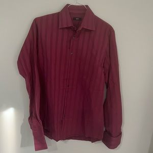 BOSS Size-15.5 Neck Burgandy w/Stripe Fitted Dress Long French Cuff Sleeve 34-35
